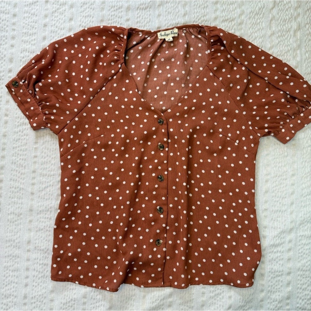 Indigo Rose Rust Polka Dot Peplum Blouse Cottagecore Button Top M